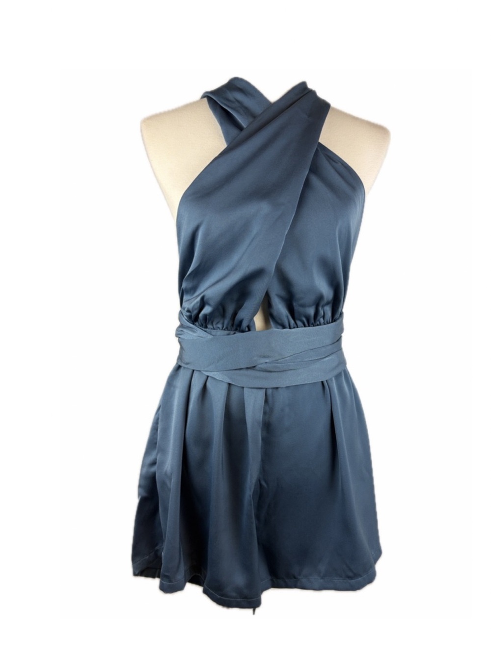 Cider Satin Open Back Multi Way Halter Romper Sz XL Party Glam Resort Vaca Retro